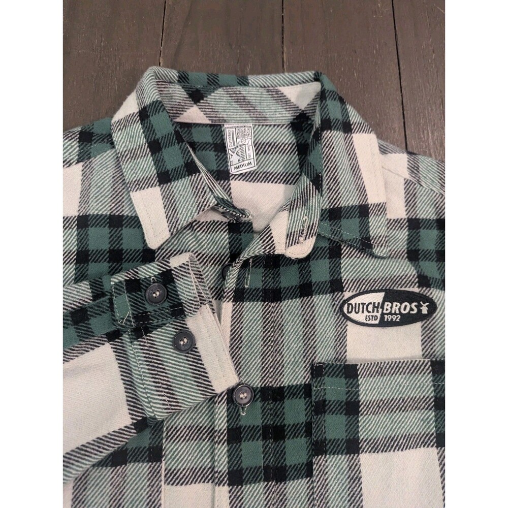 Dutch Bros Coffee Green White Plaid Flannel Button Down Shirt Mens Medium